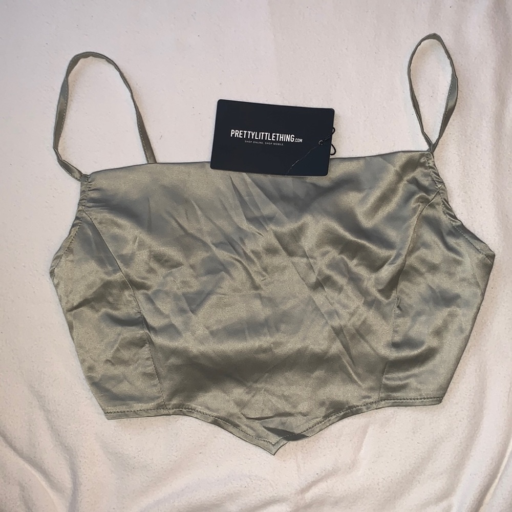 Sage satin cowl neck crop top